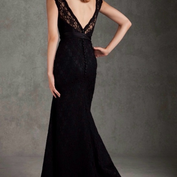 Morilee Black Lace Mermaid Hem 696 Maxi Event Dress with Satin Waist Tie. Size 8 - Picture 3 of 16